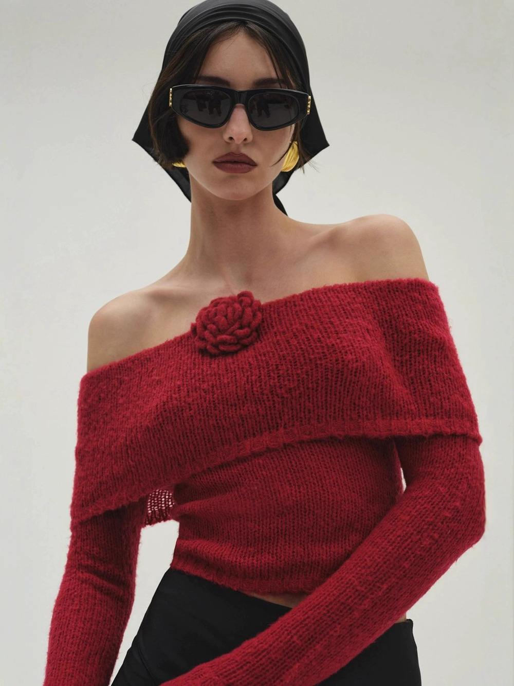 Zara Fall Red Off Shoulder Long Sleeve Slim Fit Knit Sweater